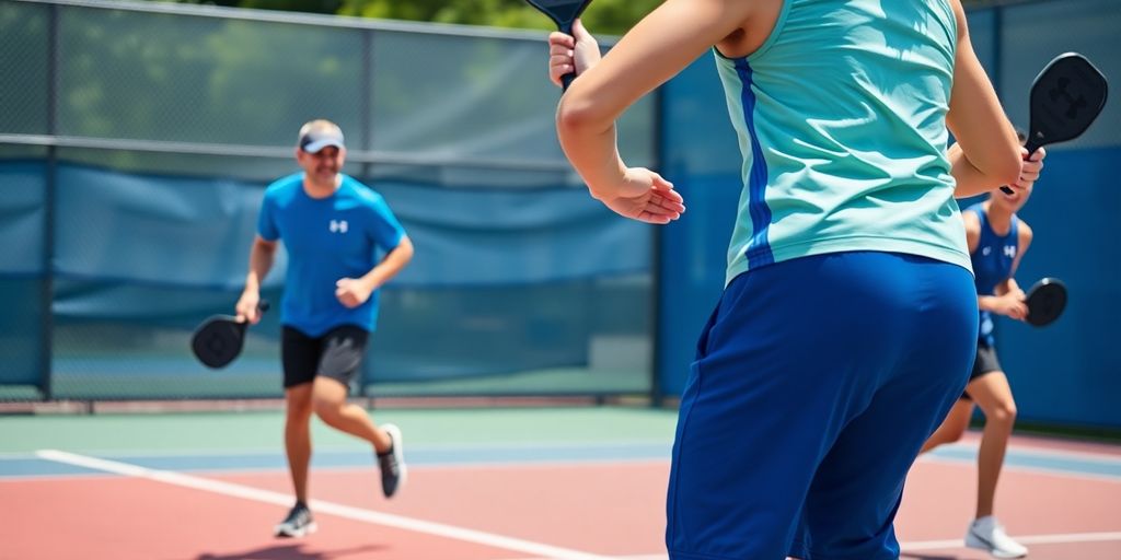 Athletes in Under Armour gear playing pickleball on court.