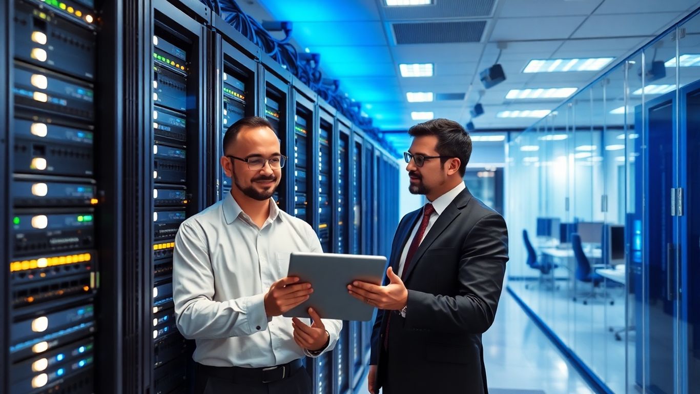 Engineers in data center beside glowing racks and network cables.