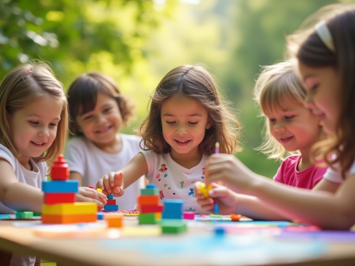 Copii jucându-se și explorând activități creative.