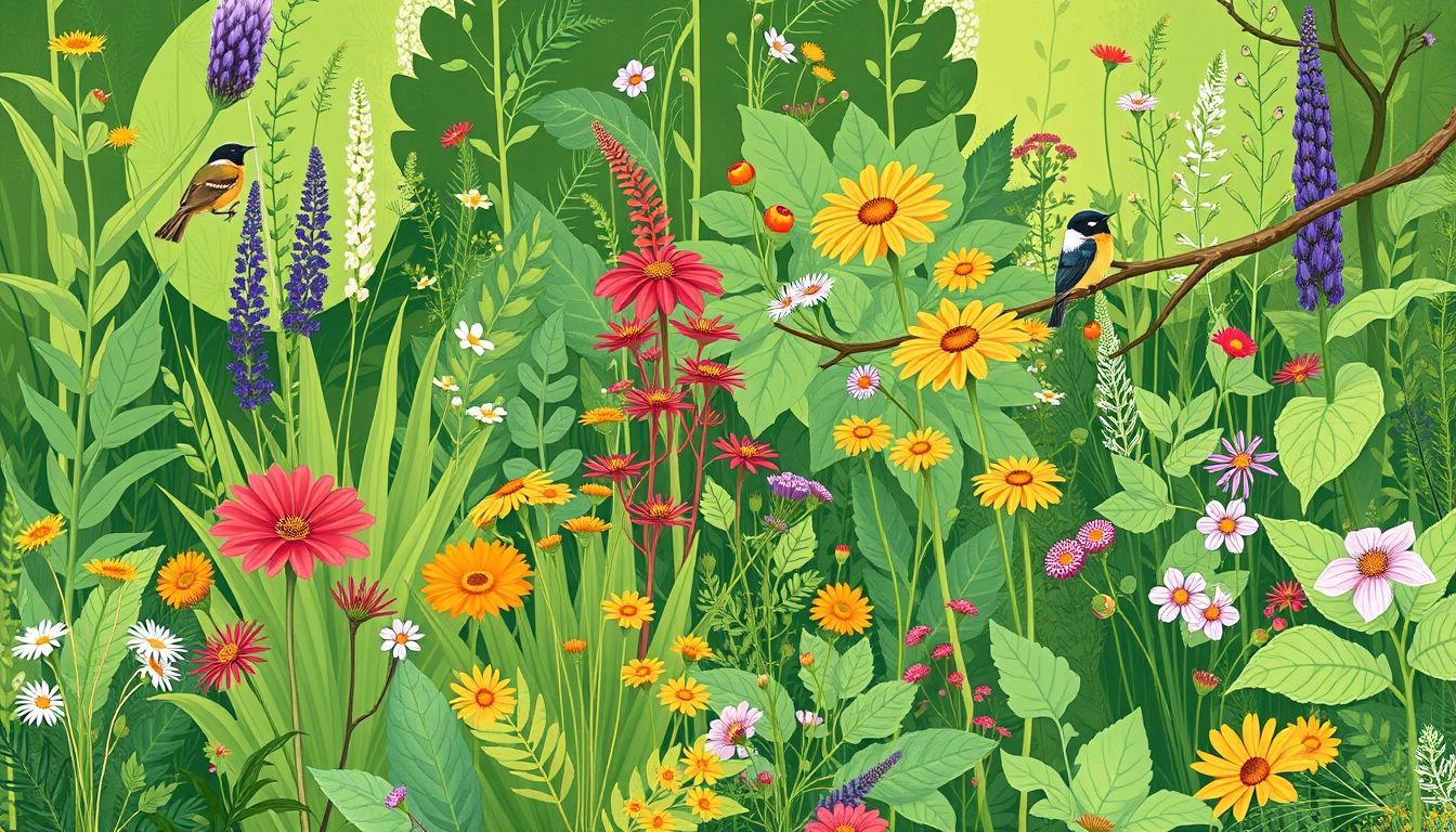 Illustration of a lush native plant garden.