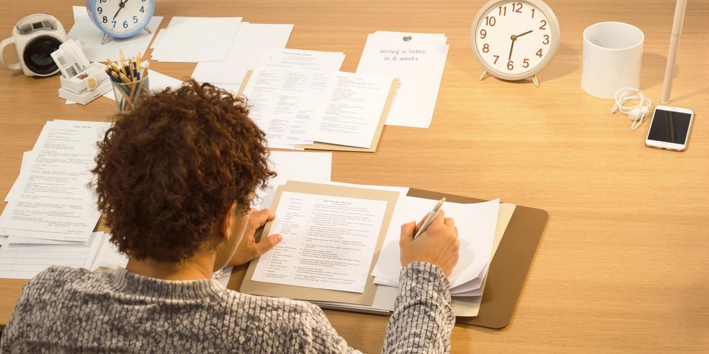 Person writing a thesis at a cluttered desk.