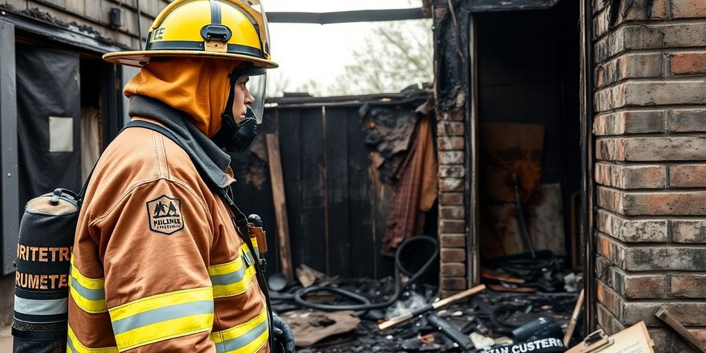 Firefighter assessing damage at a burned house.