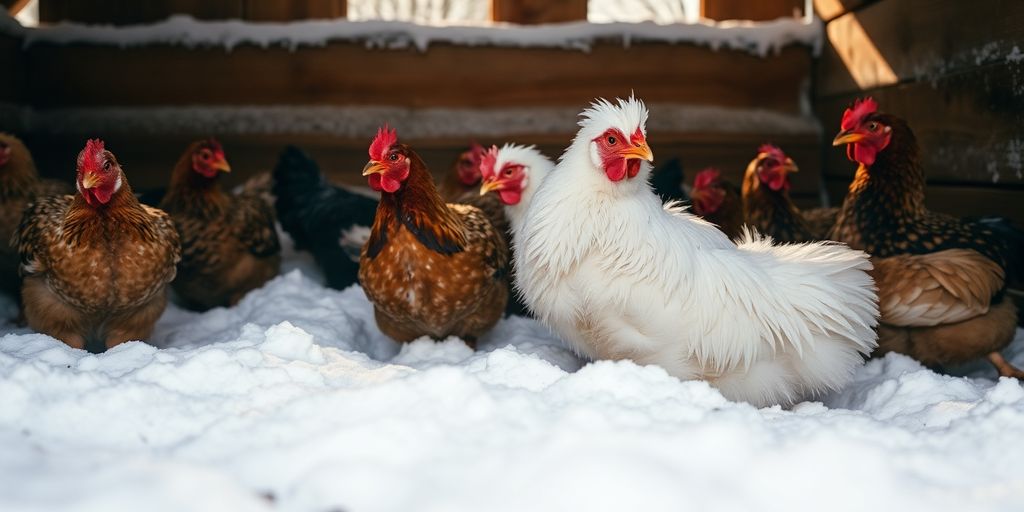 Chickens in a snowy coop during winter season.