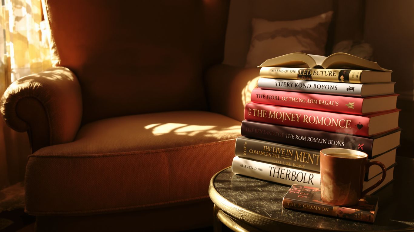 Cozy armchair with romance novels and a warm mug.