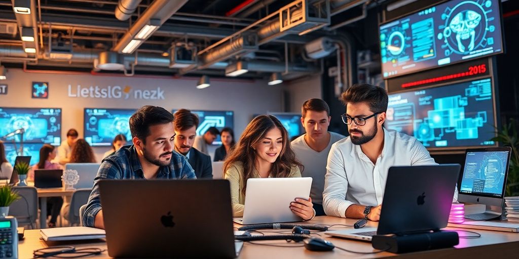 Entrepreneurs collaborating in a modern AI startup workspace.