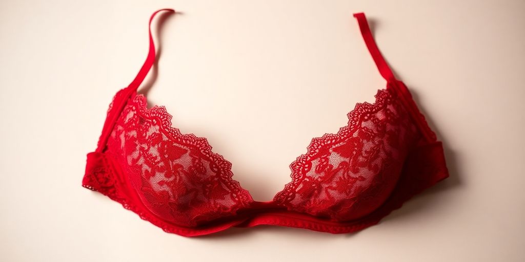 Close-up red bra, lace, soft light.