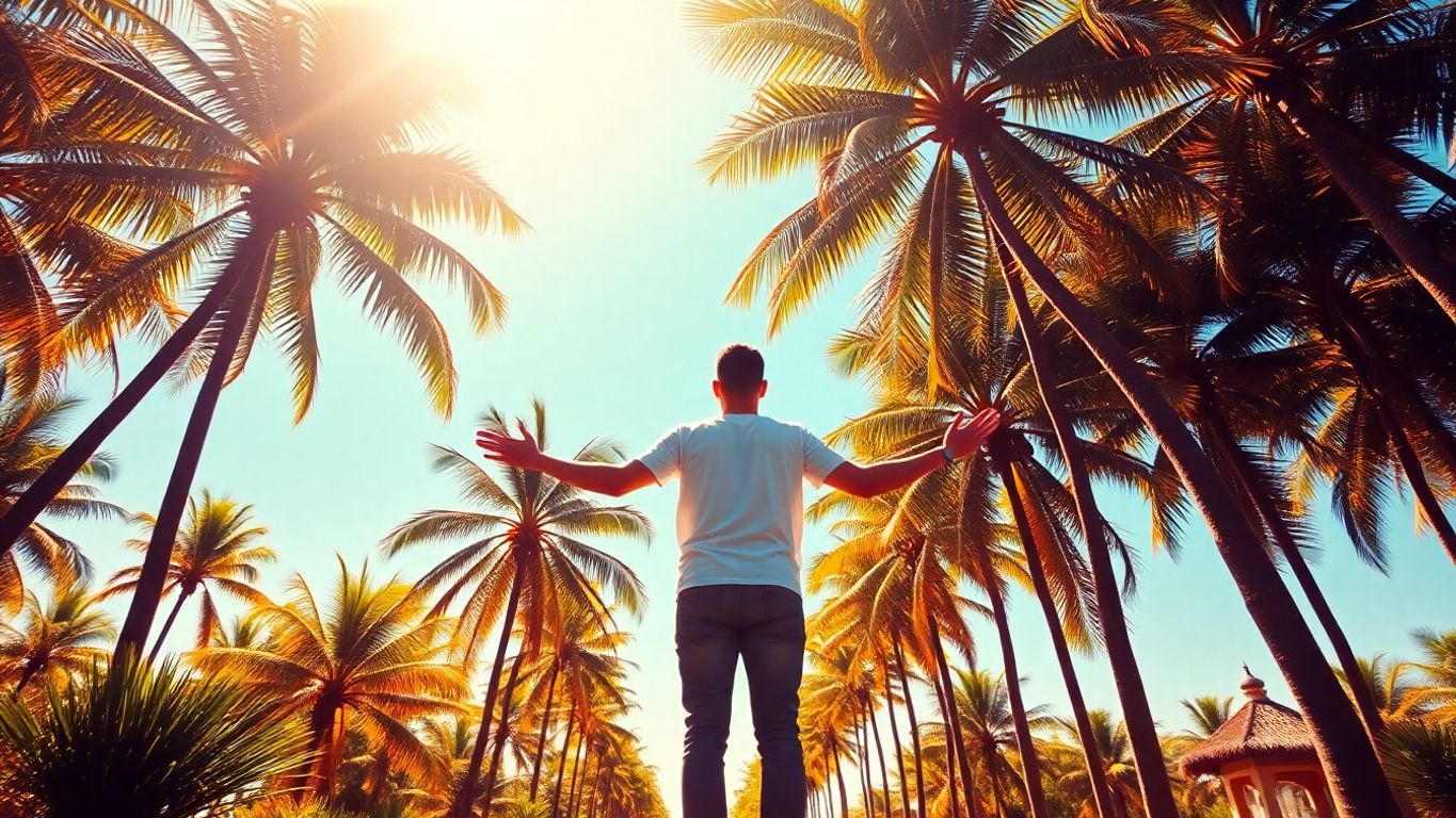 A guiding figure with palm trees and colorful lights.