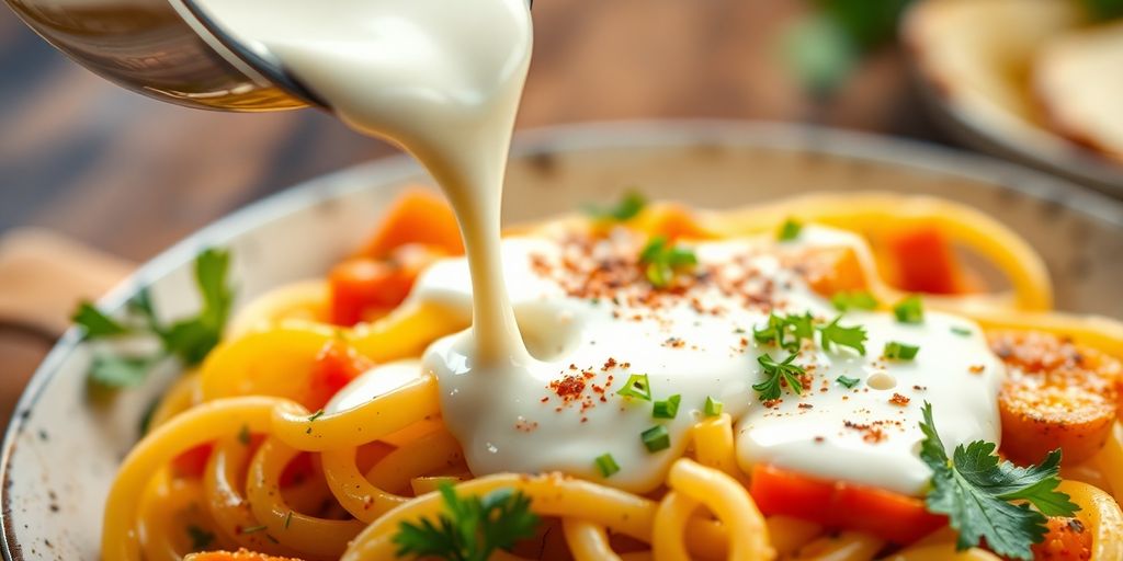 Creamy pasta dish with herbs and a milky sauce.
