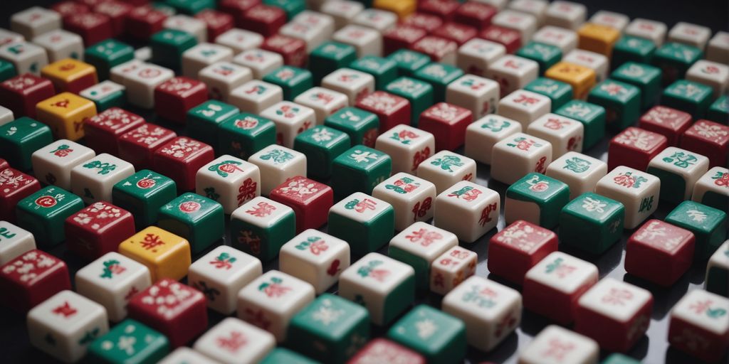 Mahjong tiles neatly arranged in a colorful display.