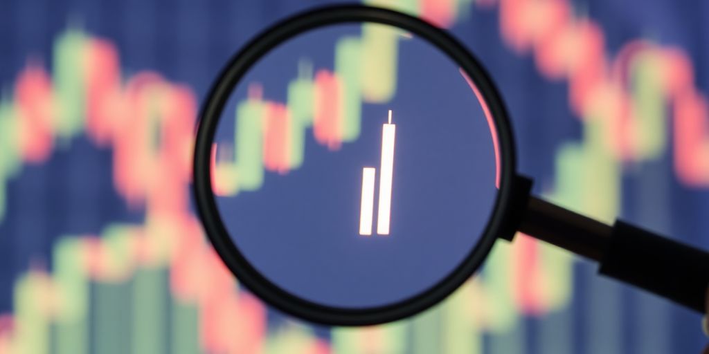 Market candlesticks and a magnifying glass.