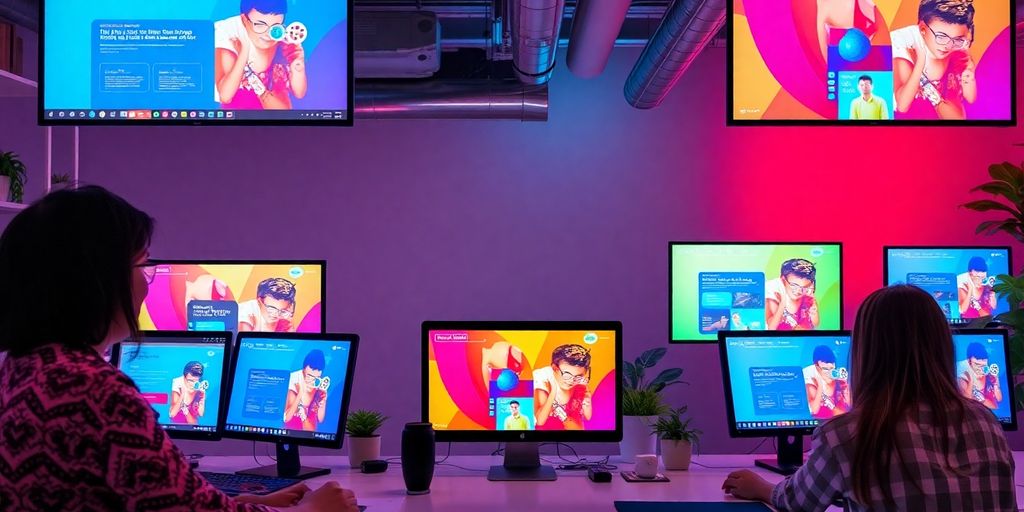Tucson web design team collaborating on colorful layouts.