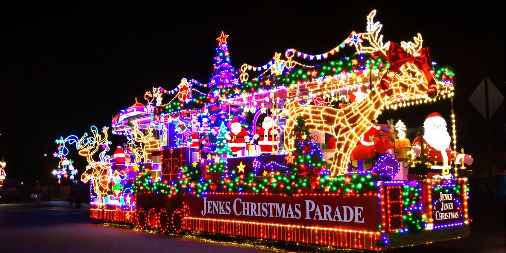Jenks Christmas Parade float with lights and festive decorations.