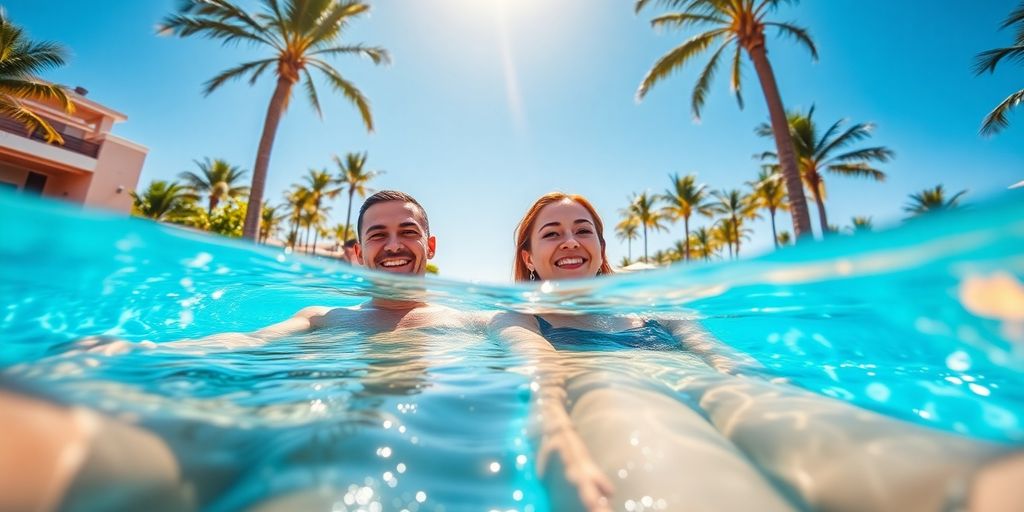 Romantic couple relaxing poolside at luxury Cabo resort.