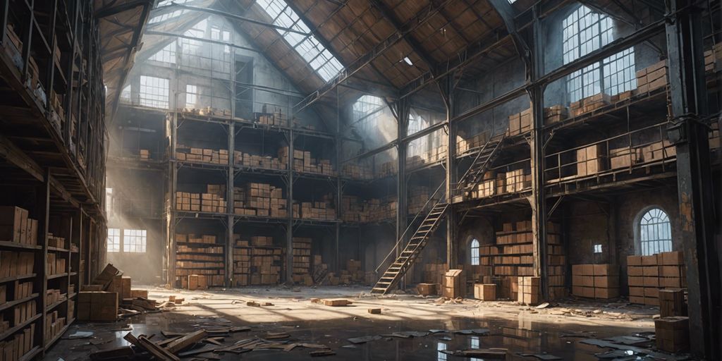 Warehouse with leaking roof and broken shelves, emphasizing maintenance responsibilities.