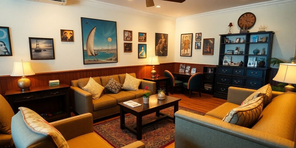 Warm traveler lounge with personalized elements.