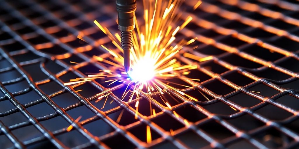 Close-up of multi-layer mesh welding process.