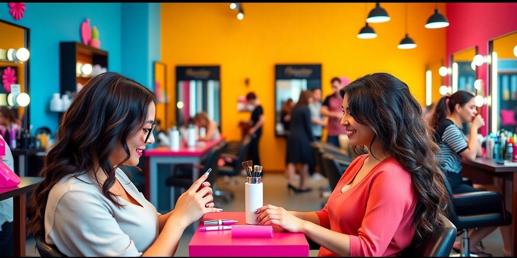 Stylists working on nails and hair in a salon.