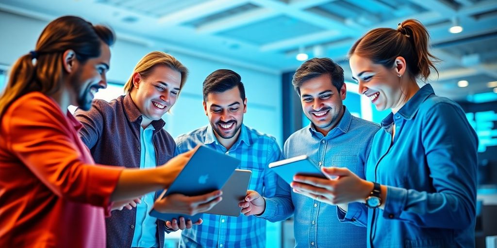 Profissionais colaborando com ferramentas de automação de marketing.