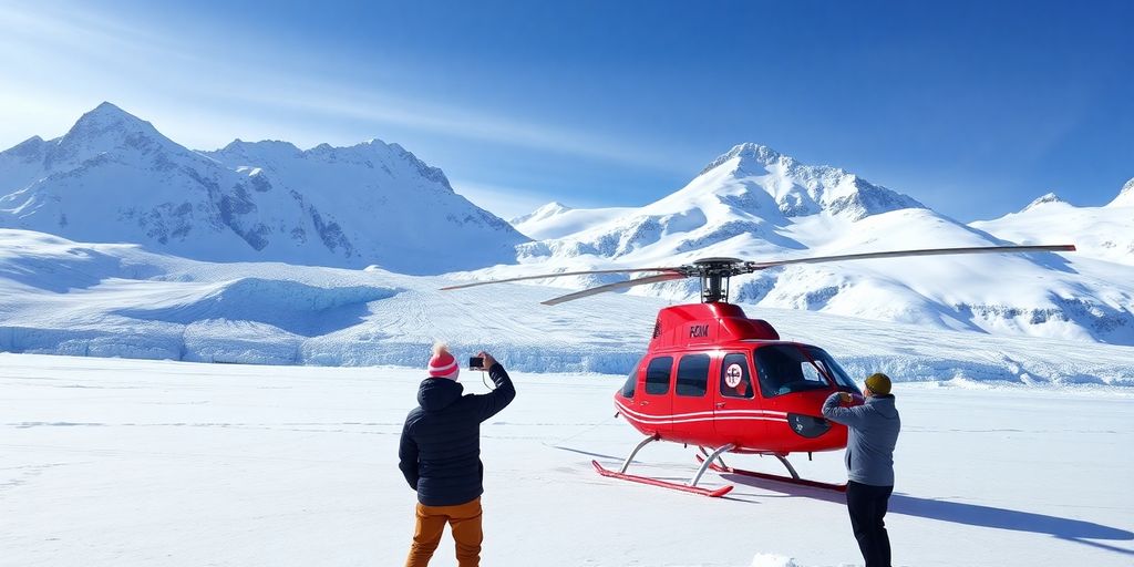 A person with a camera photographs a helicopter on a glacier.