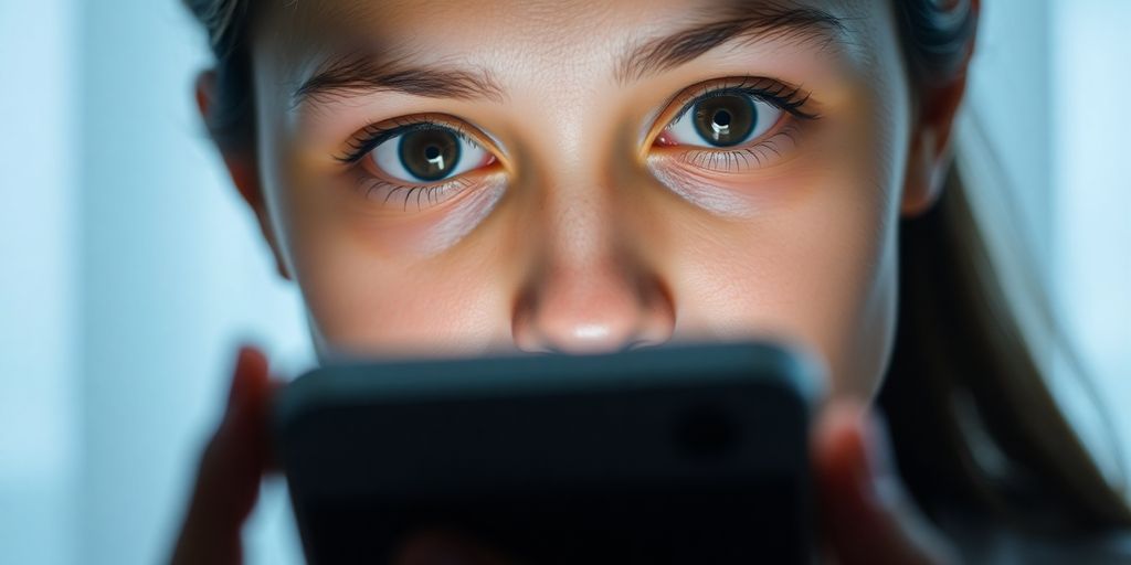 Person captivated by phone, glowing screen.