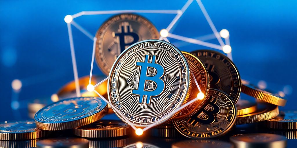 Digital currency coins and abstract geometric shapes.
