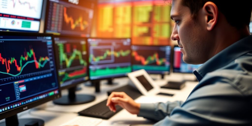 Trader at desk analyzing options data on multiple monitors.