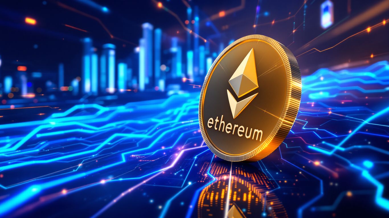 Ethereum coin rising with digital city and blue lighting