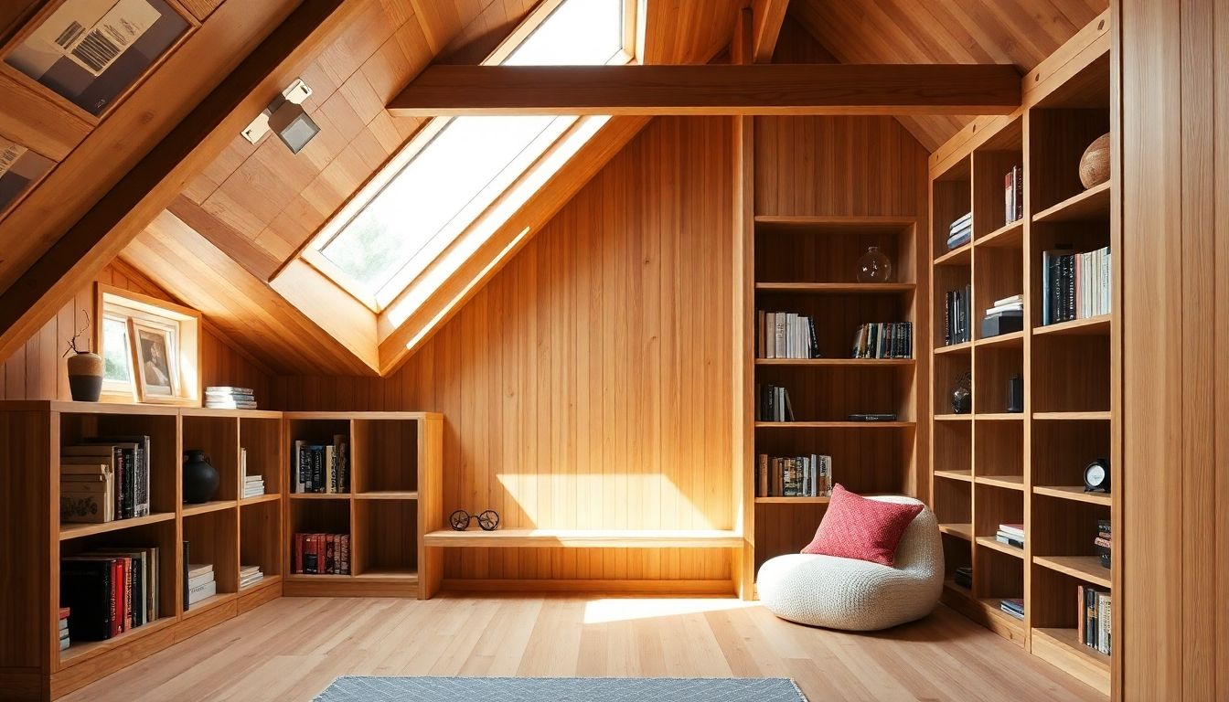 Cozy loft space with wooden shelves and skylight.