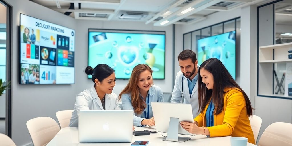 Profissionais de marketing digital em ambiente de escritório moderno.