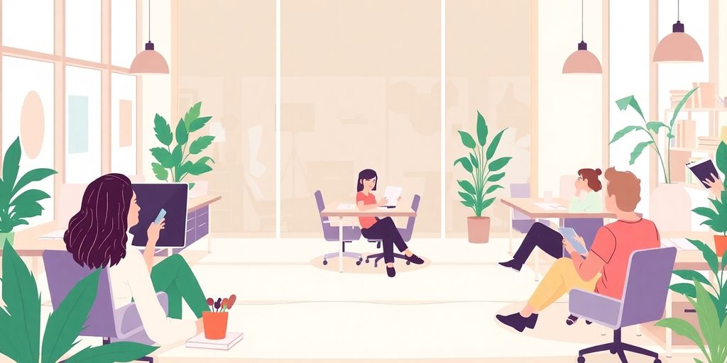 Illustrasjon av avslappede ansatte i en arbeidsplass.