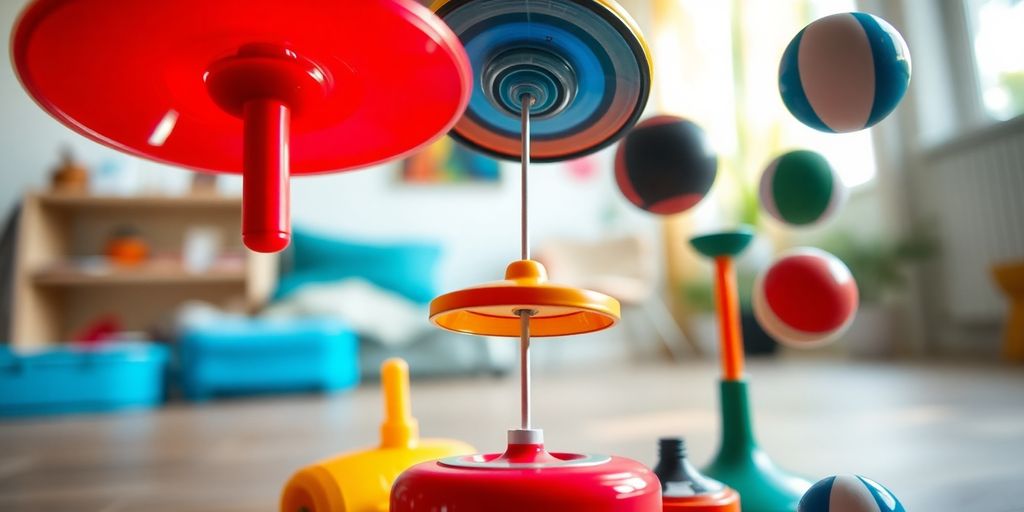 Colorful skill toys spinning and balancing in dynamic motion.