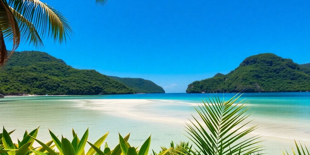 Tranquil beach in Thailand surrounded by lush greenery.