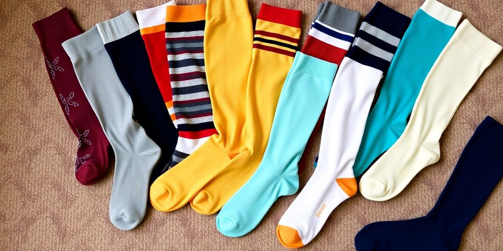 Colorful cotton knee high socks in various designs.
