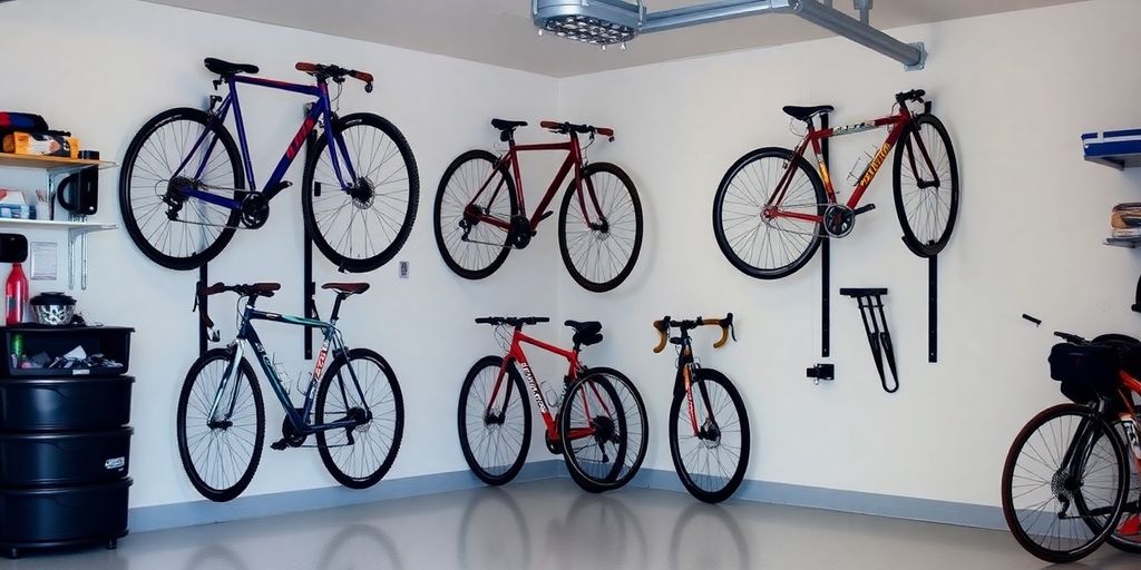 Neatly organized bikes on wall-mounted storage racks.