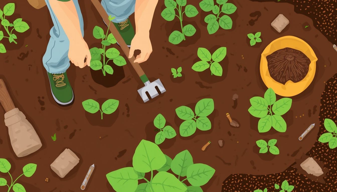 Gardener working in clay soil garden with plants and tools.