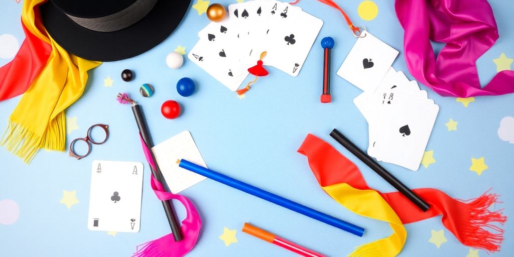 Zauberkasten für Kinder mit bunten Requisiten und Spielzeug.