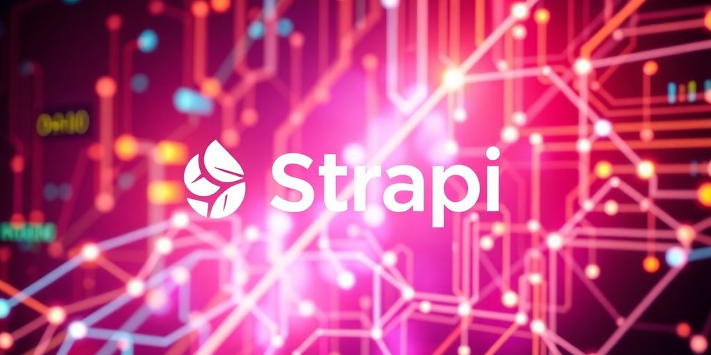 Strapi logo with abstract digital background.