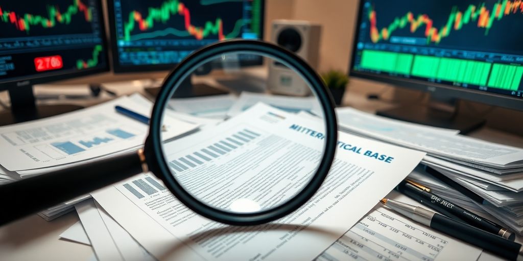 Magnifying glass over diverse stock market papers.