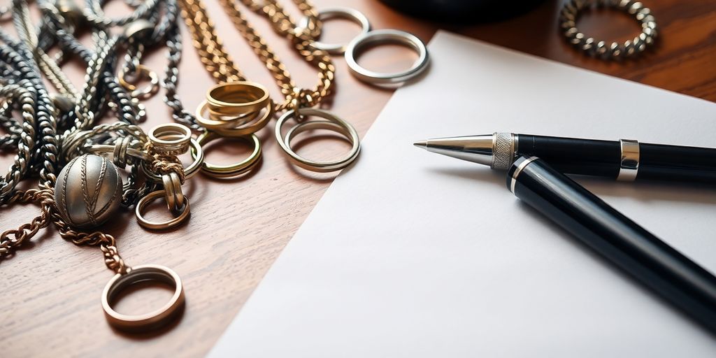 Bijoux familiaux et document légal sur une table.