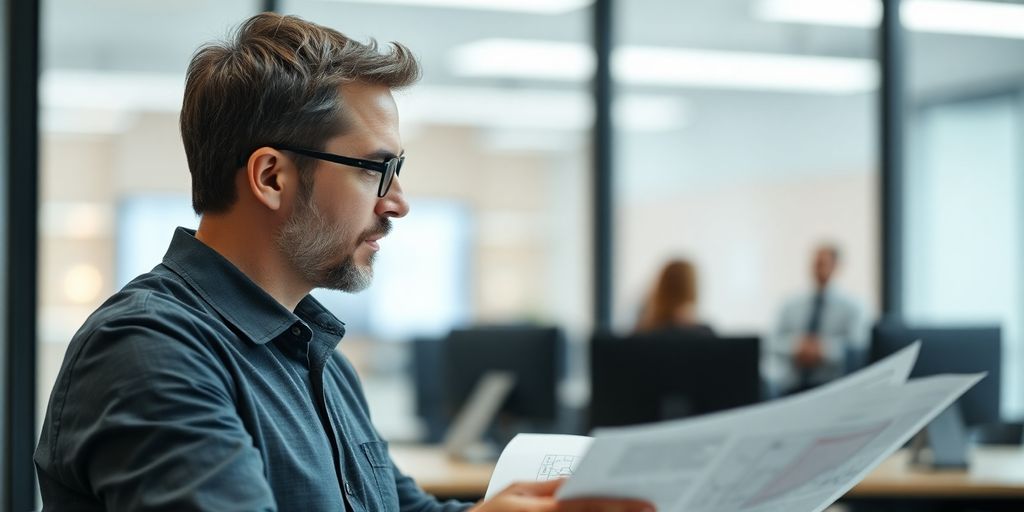 Part-time IT manager reviewing a complex project blueprint.