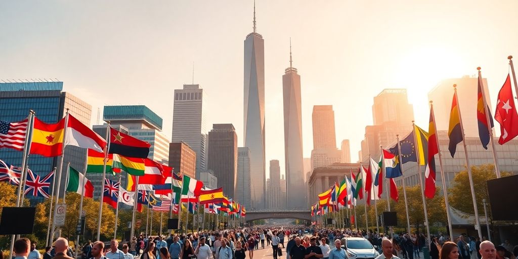 City skyline with international flags representing global investment.
