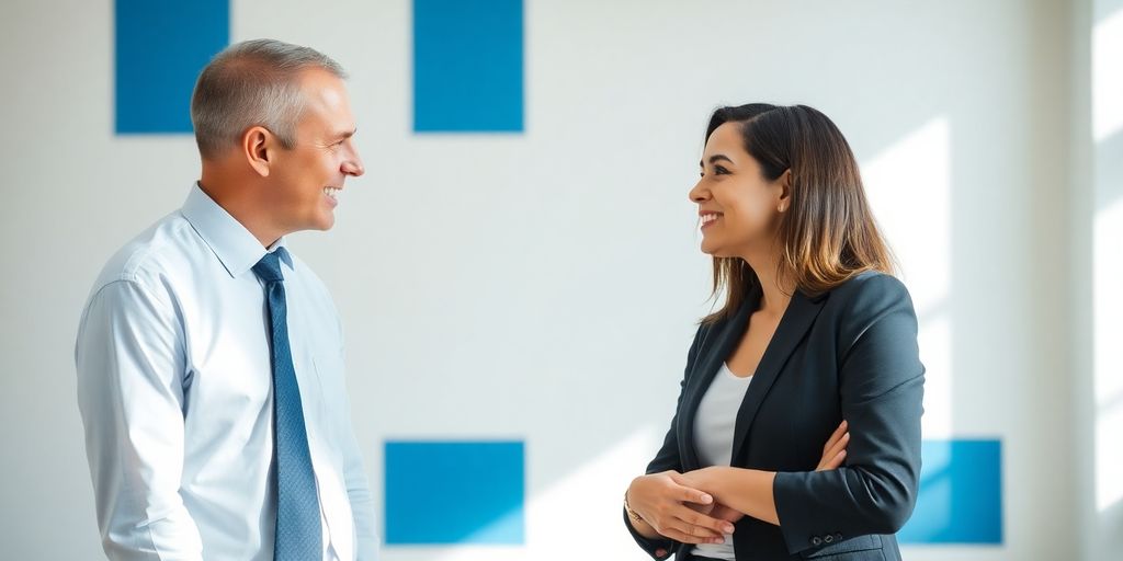 Arbeitnehmer und Arbeitgeber im Gespräch, Akzentfarbe Blau.