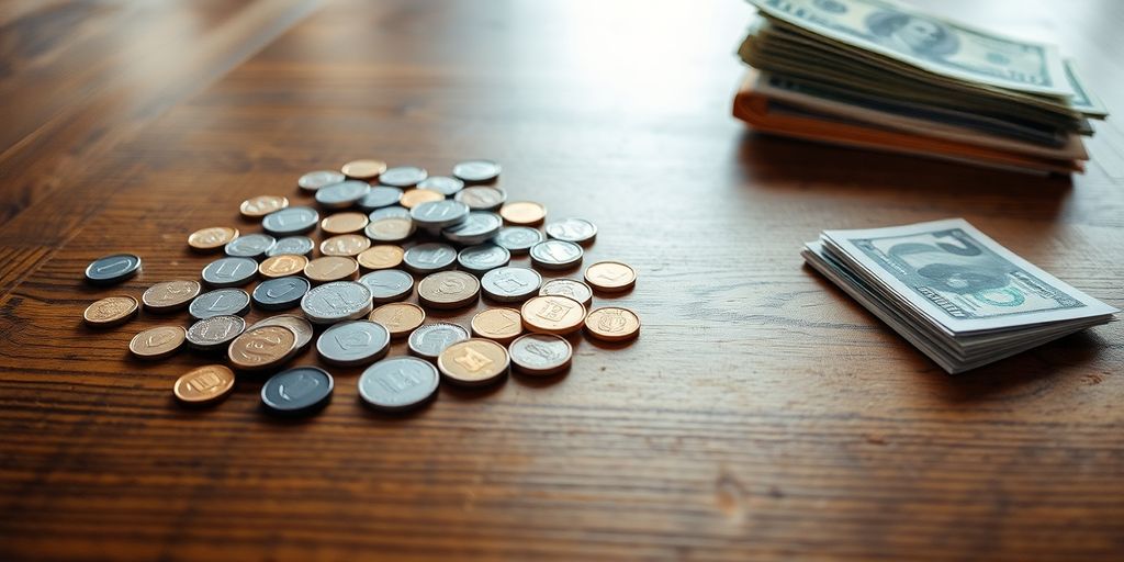 Table with coins and bills