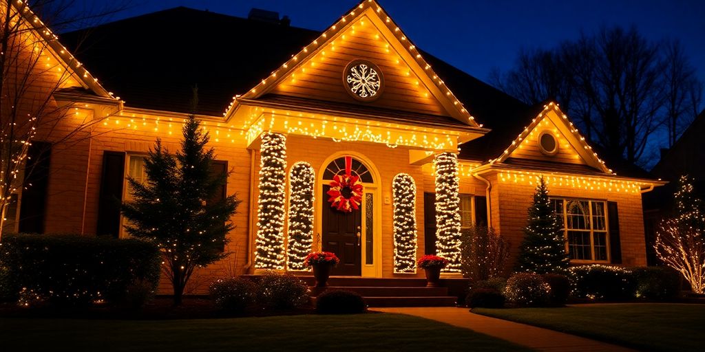 Cozy home exterior with permanent festive Christmas lights.