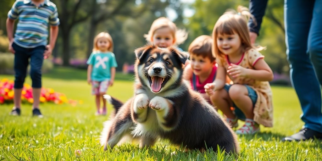 Puppy playing with kids in a sunny park.