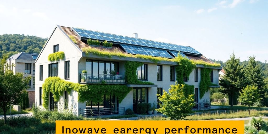 Duurzaam gebouw met zonnepanelen en groene elementen.