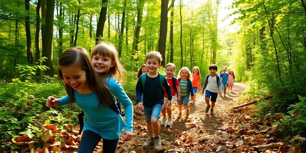 Children joyfully exploring a sun-dappled forest trail.