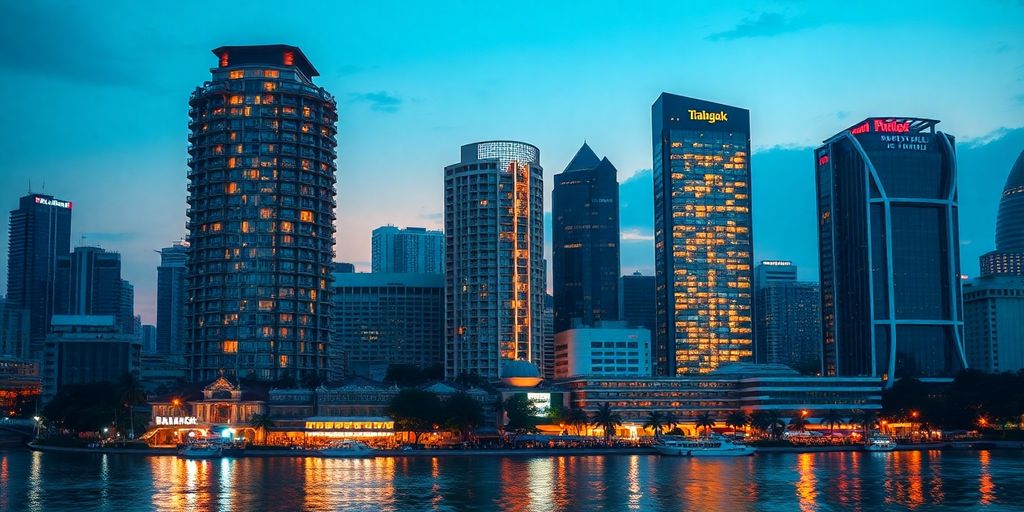 Bangkok luxury condos with city skyline and river view.