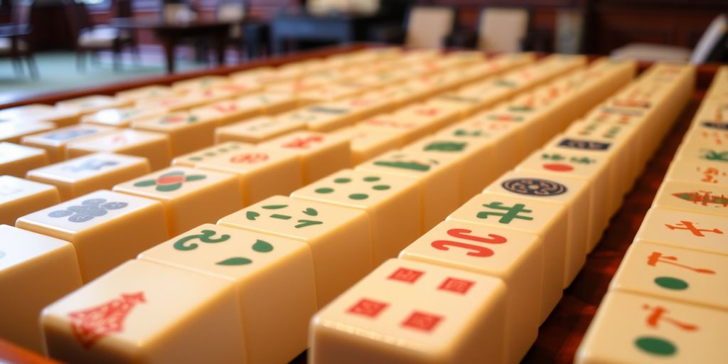 Close-up of standard Mahjong tiles in rows