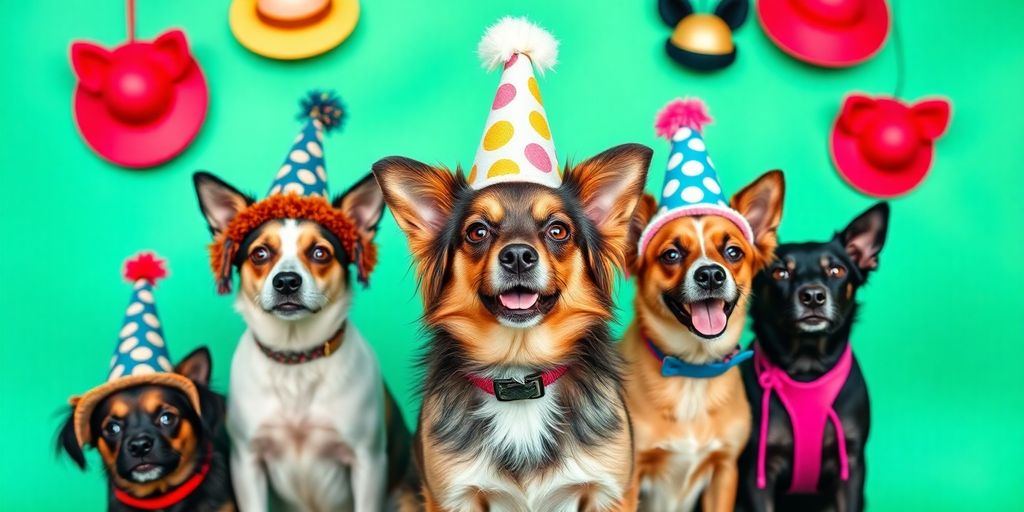 Colorful doge hats modeled by playful dogs in a studio.